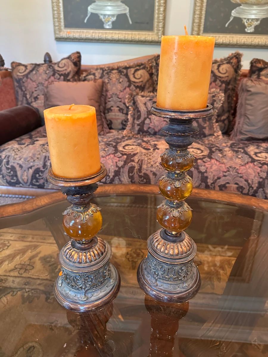 Set of 2 Ornate Metal & Amber Glass Candle Holders