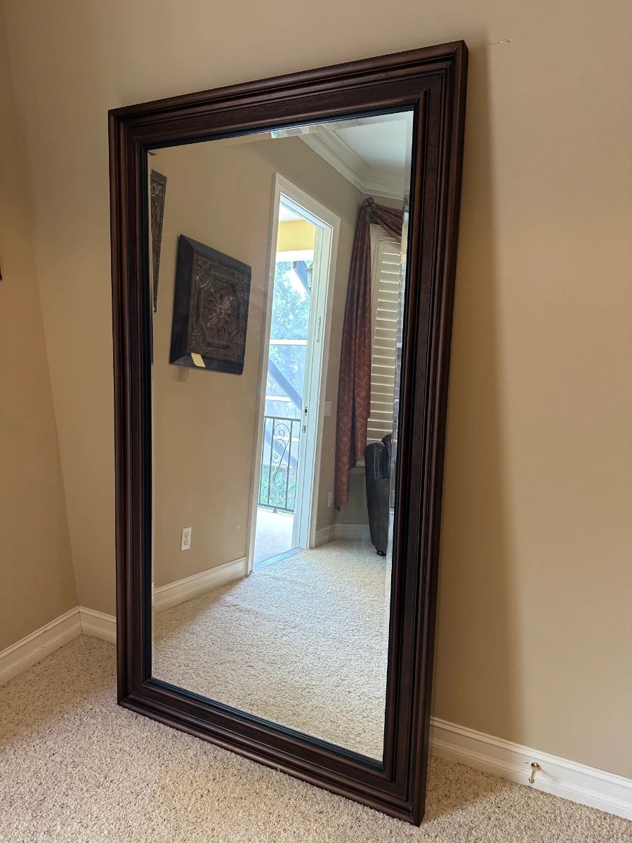 Large Dark Wood Leaning Floor Mirror with Decorative Wall Art