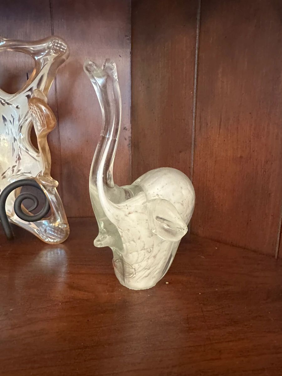 Art Glass Elephant Figurine & Etched Floral Vase Lot