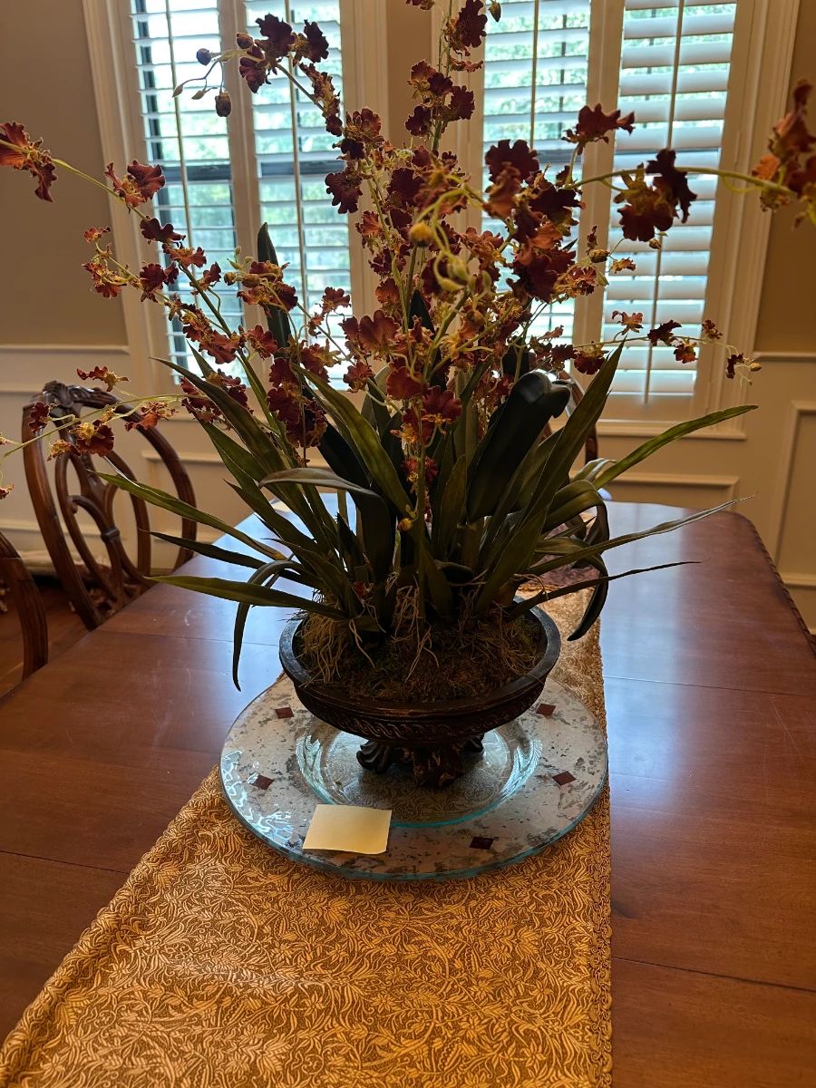Realistic Artificial Orchid Arrangement in Ornate Planter