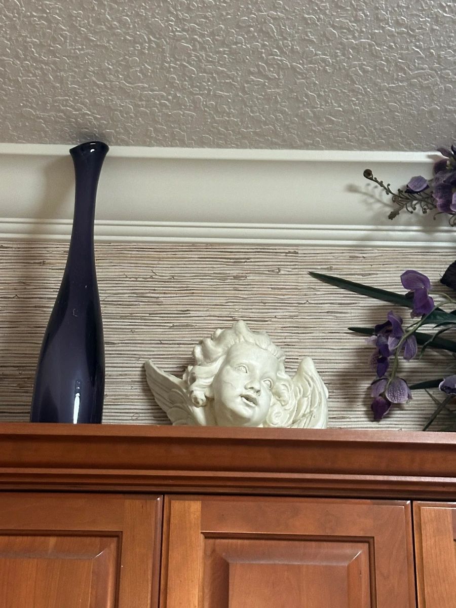 White Cherub Head Sculpture and Tall Bud Vase Set