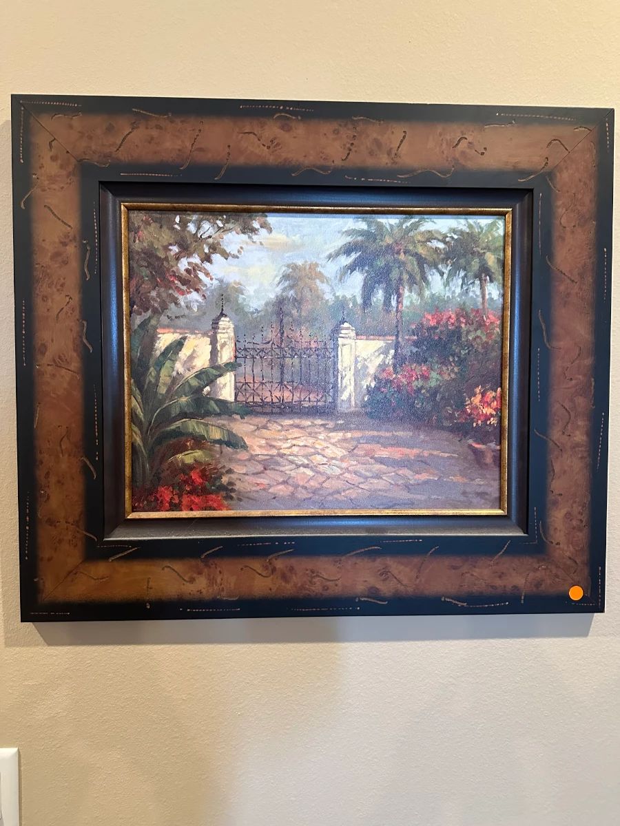 Framed Landscape Painting with Wrought Iron Gate and Garden Scene