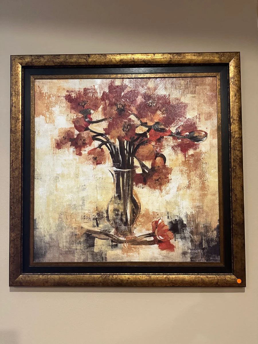 Floral Still Life Impressionistic Painting with Distressed Gold Frame