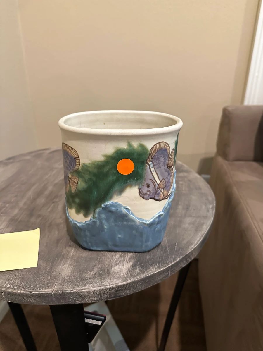 Artist Signed Ceramic Fish & Wave Planter