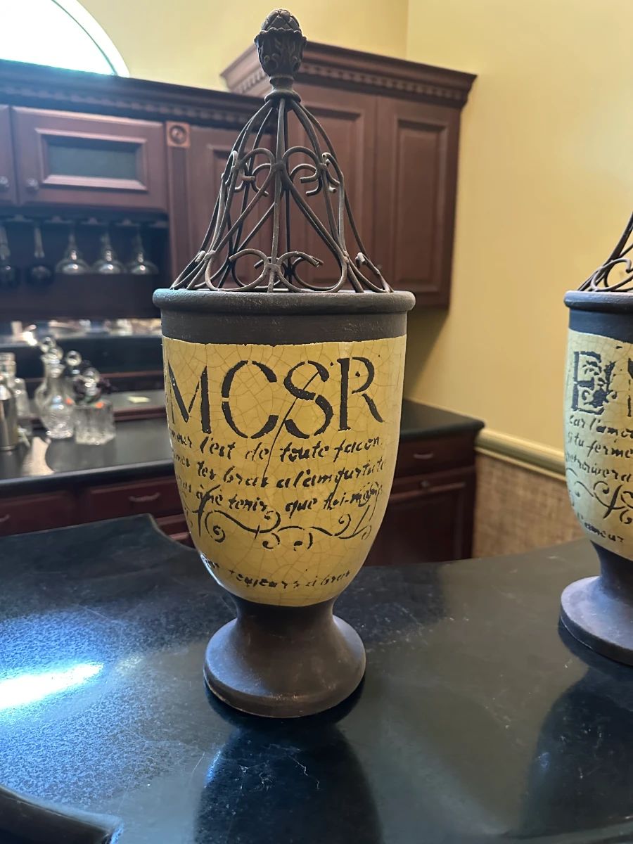 French Script Decorative Urn with Wrought Iron Lid (Set of 2)