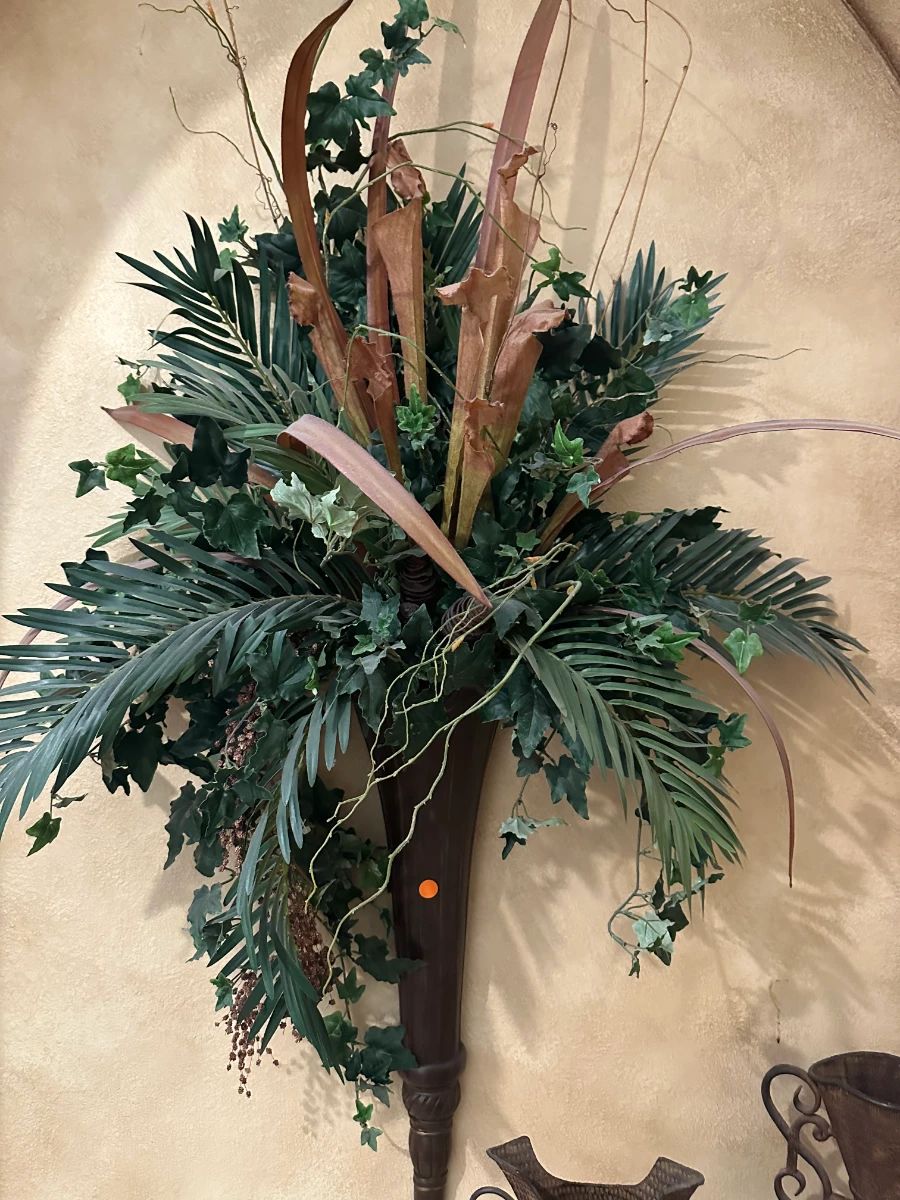 Faux Tropical Foliage Wall Arrangement with Horn Sconce