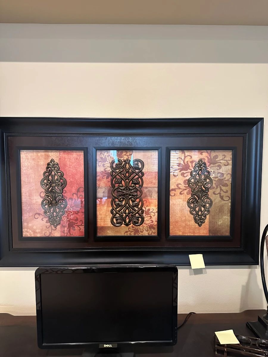 Triptych Wall Art with Embossed Metal Accents and Black Frame