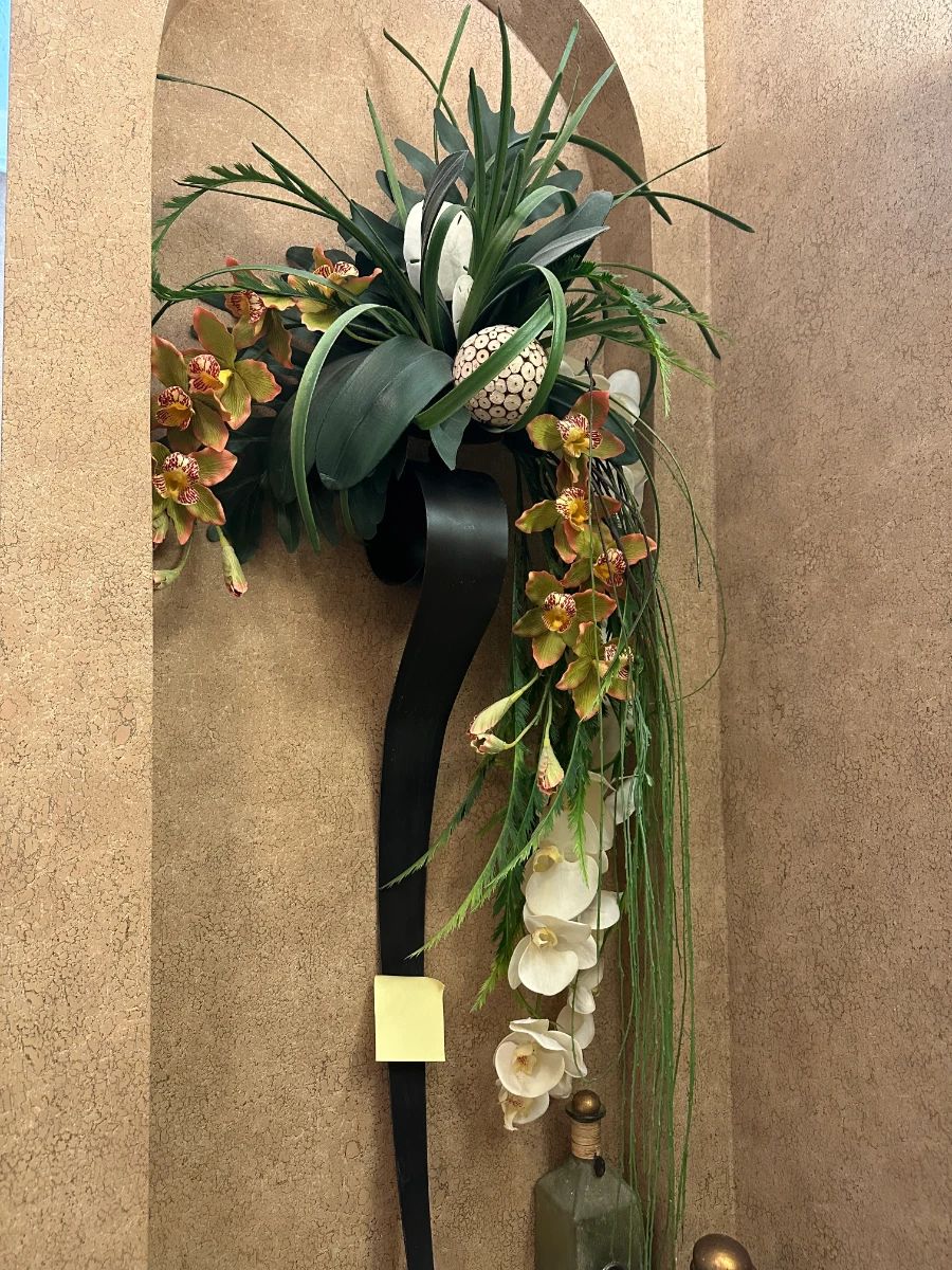 Artificial Orchid Arrangement with Decorative Sphere and Glass Bottle