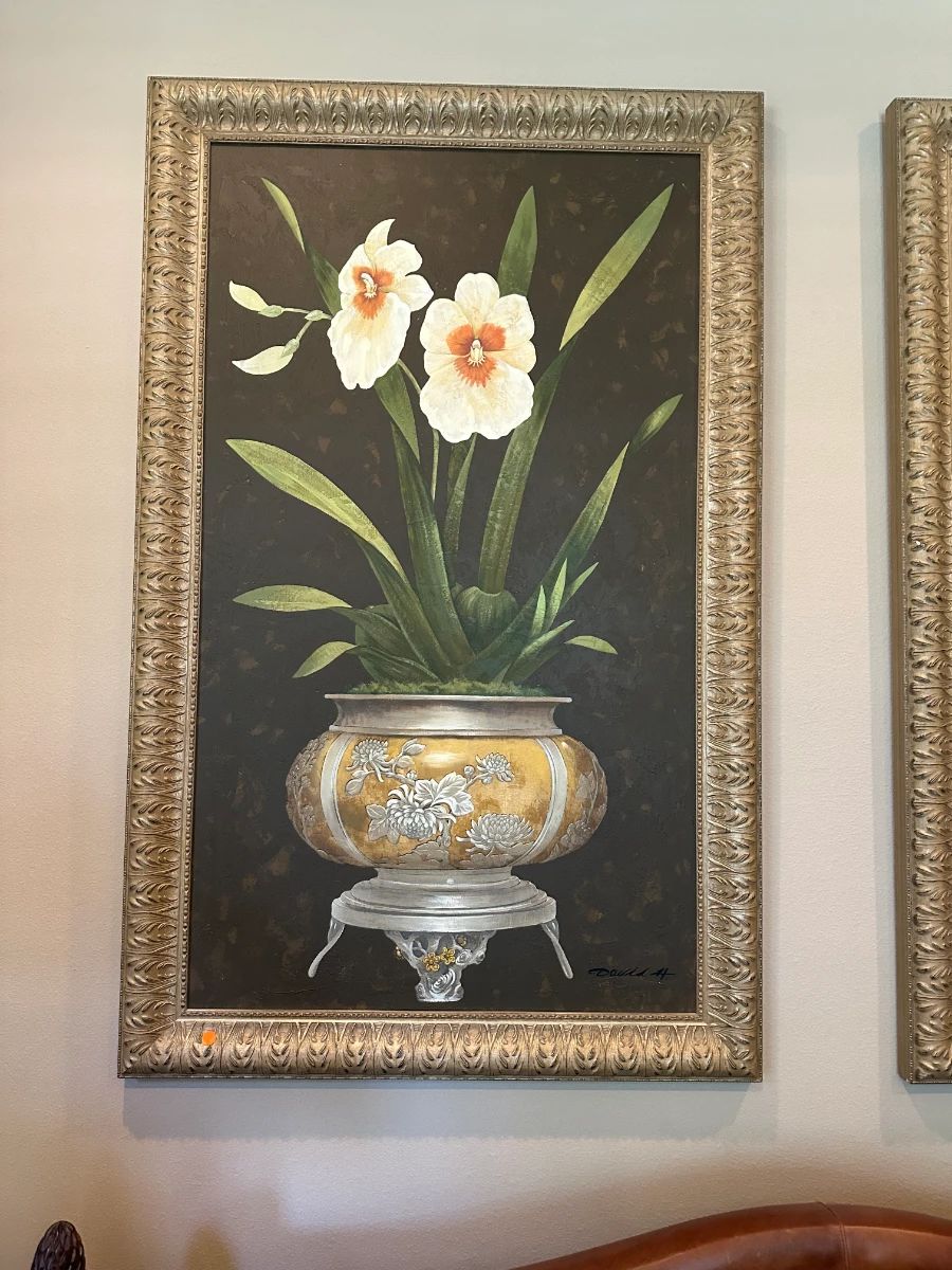 David A. Floral Still Life Painting with Orchids in Chinese Vase