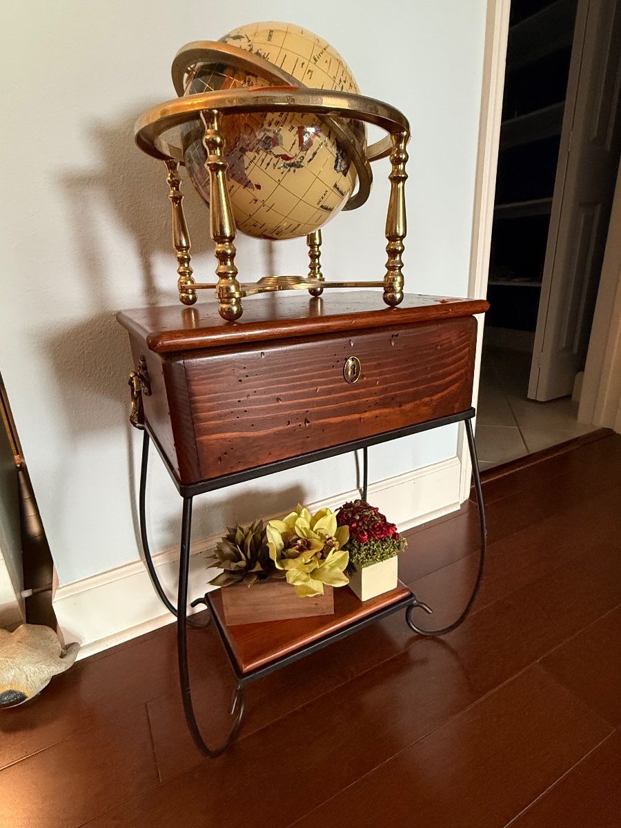 Vintage Globe on Wooden Chest Display Stand