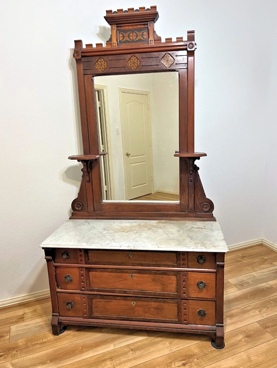 Victorian marble top dresser, Ethan Allen chest, Snapper lawn mower, Tools