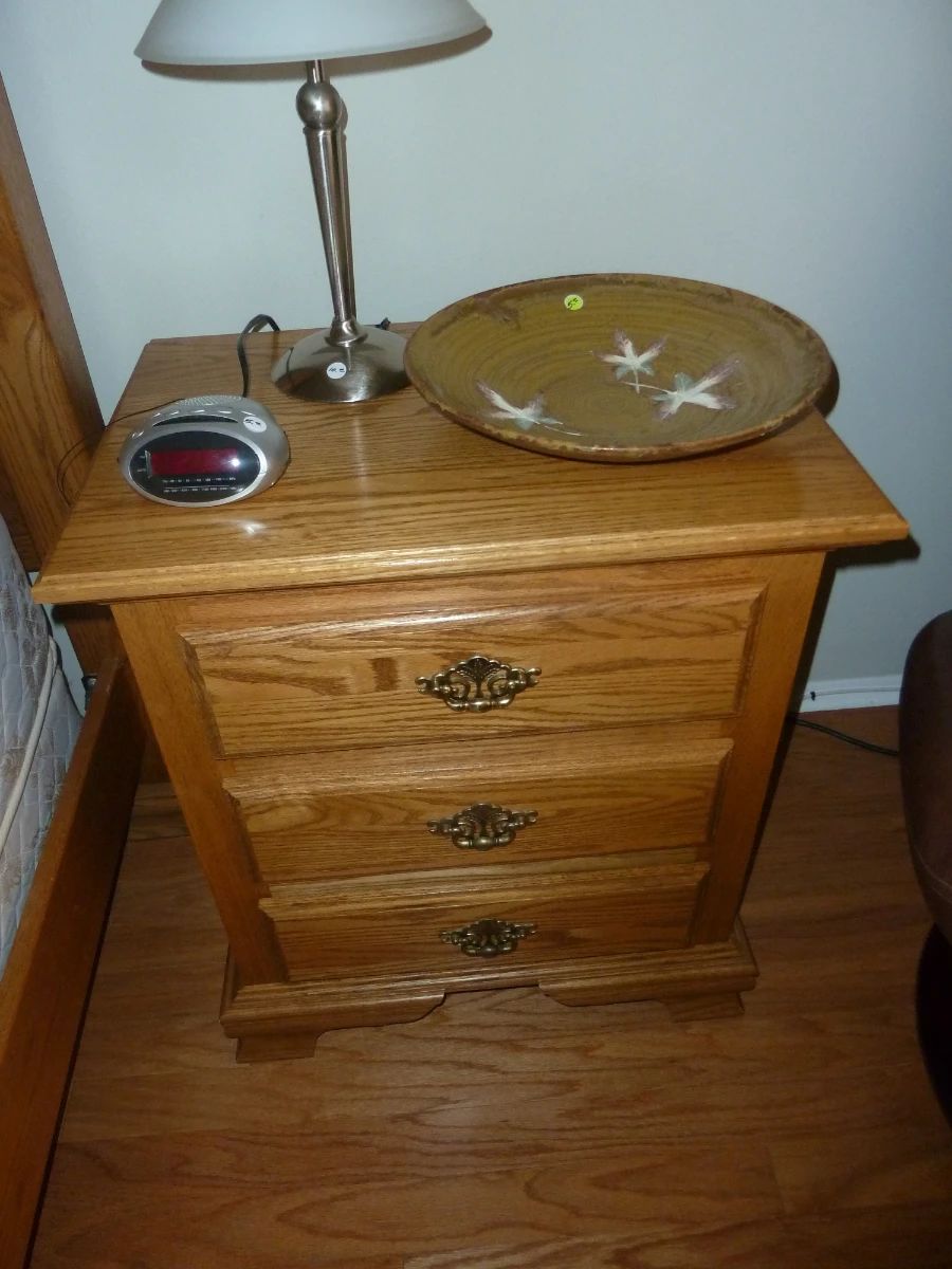 Vintage Oak Nightstand with Brass Hardware