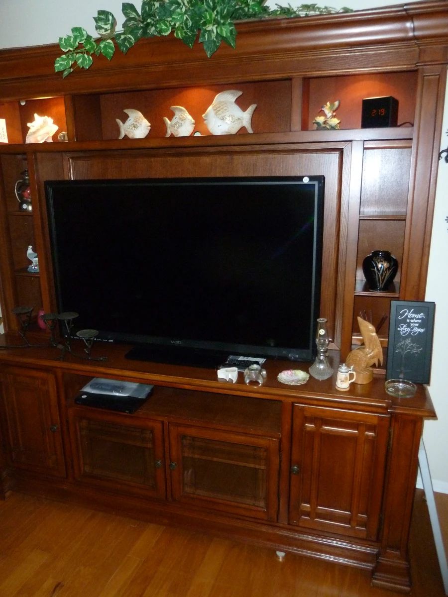Large Wooden Entertainment Center with Display Shelving and TV Stand