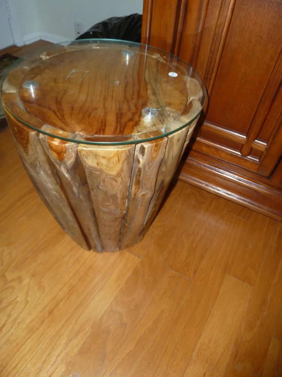 Teak Wood and Glass Stump Accent Table