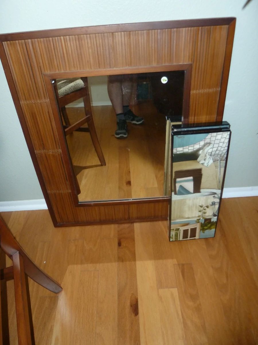 Mid-Century Bamboo Accent Mirror and Decorative Mirrored Box Grouping