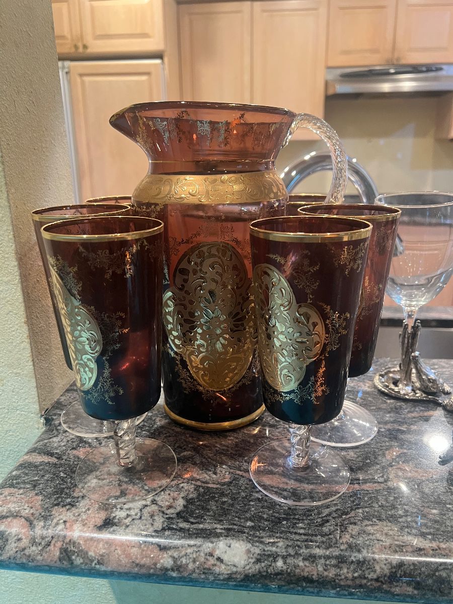 Gilded Amber Glass Pitcher and Tumbler Set with Silver-Tone Grapevine Cake Stand