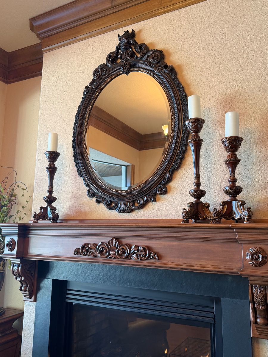 Ornate Carved Oval Mirror with Matching Candelabra Set