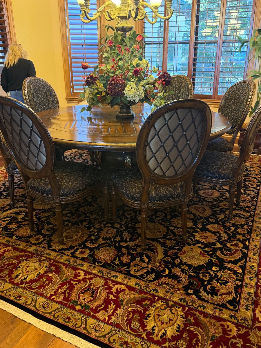 Oval Pedestal Dining Table Set with 6 Upholstered Chairs & Oriental Rug