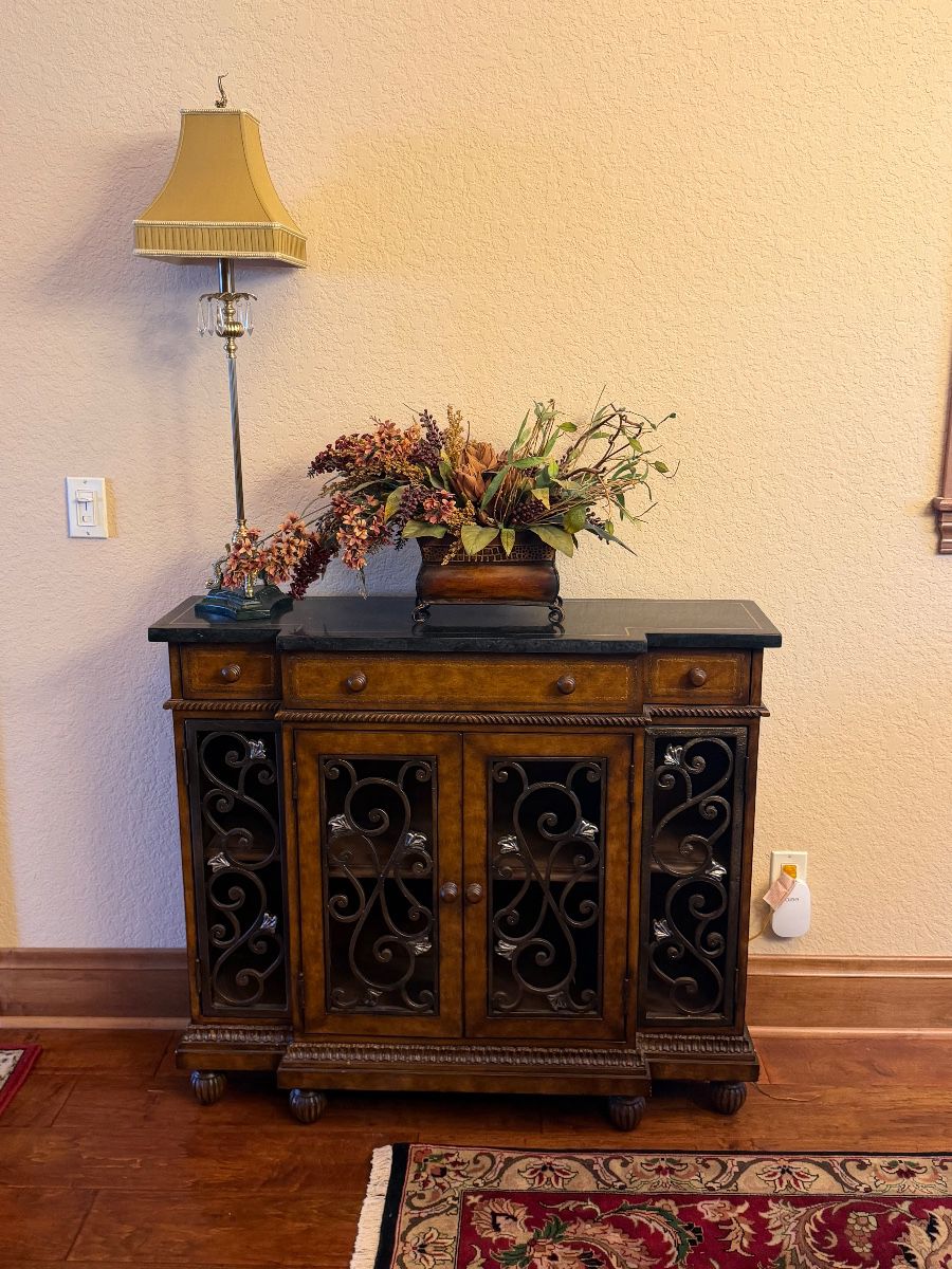 Wrought Iron & Wood Accent Cabinet with Granite Top