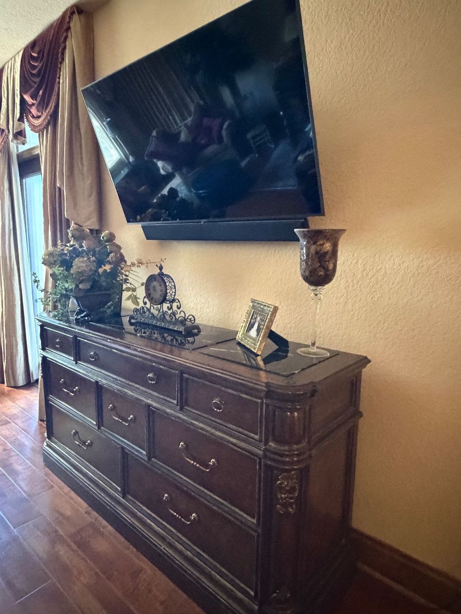 Dark Cherry 9-Drawer Dresser with Marble Top