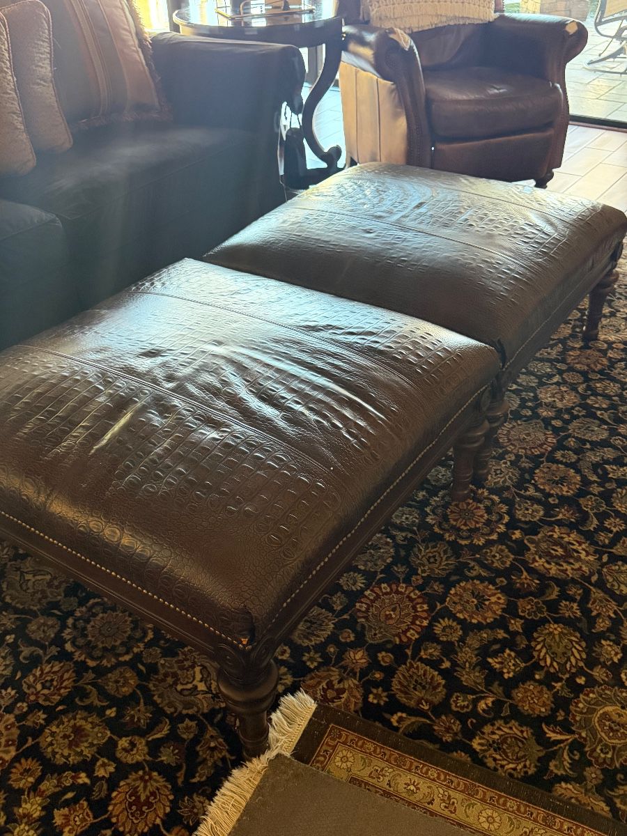 Embossed Leather Ottoman with Nailhead Trim