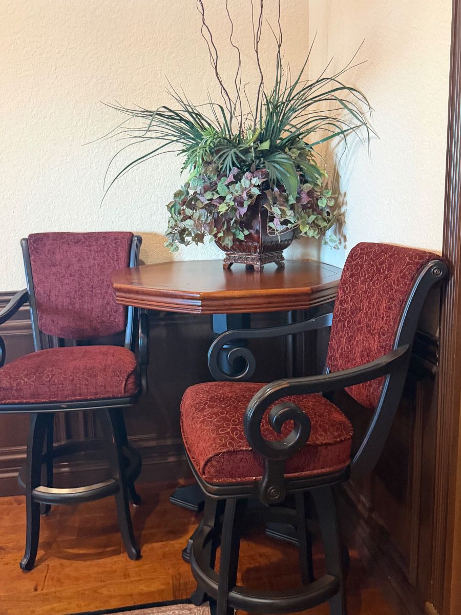 Set of 2 Upholstered Swivel Bar Stools with Wooden Accent Table & Planter Arrangement