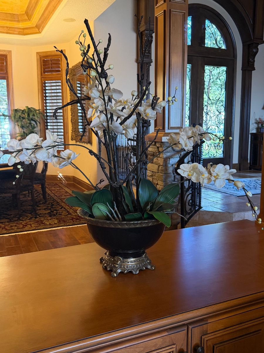 Decorative Faux Orchid Arrangement in Metal Planter