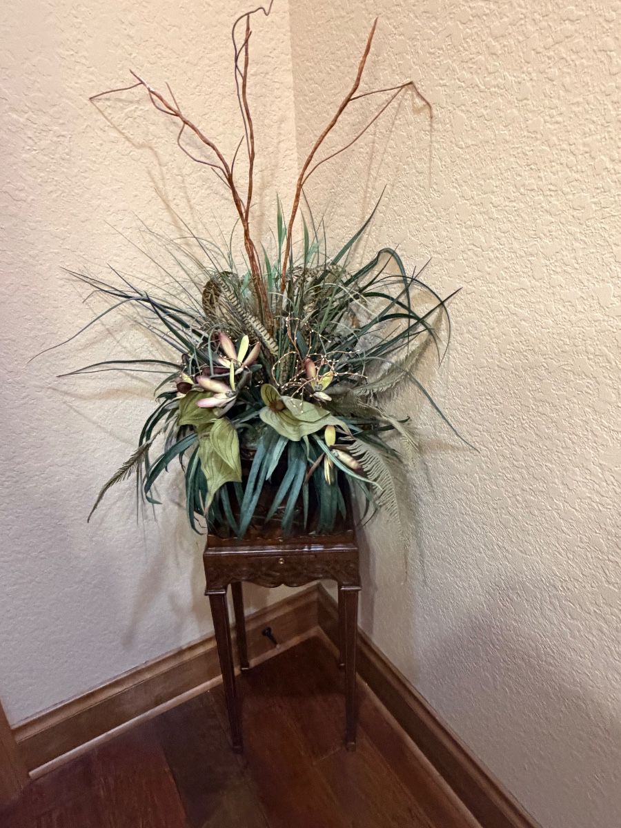 Faux Floral Arrangement with Wooden Pedestal Stand