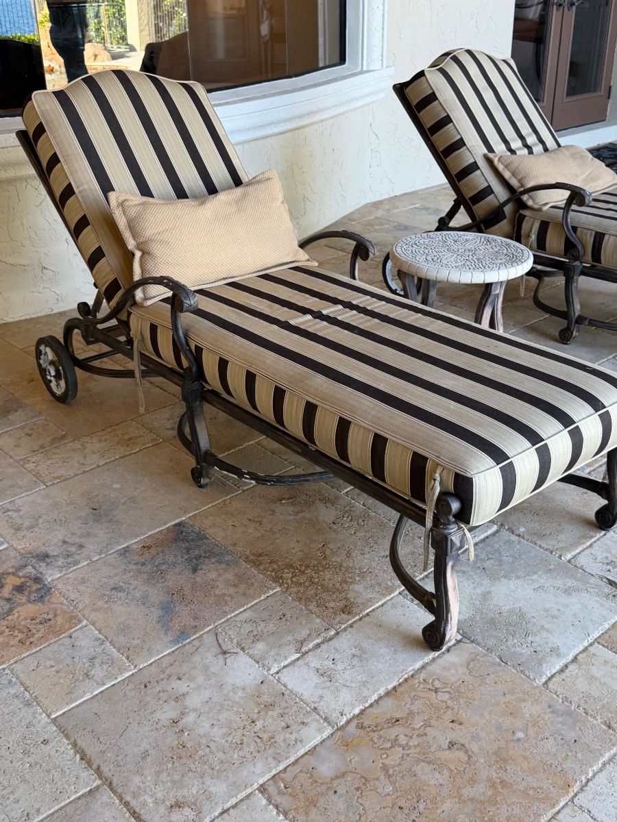 Wrought Iron Outdoor Chaise Lounge Set with Accent Table