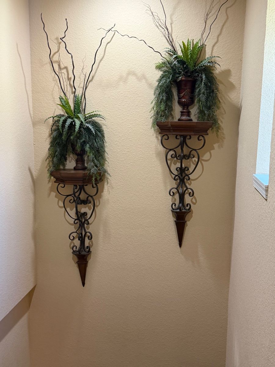 Ornate Wall Shelf with Faux Plant Urn Assortment