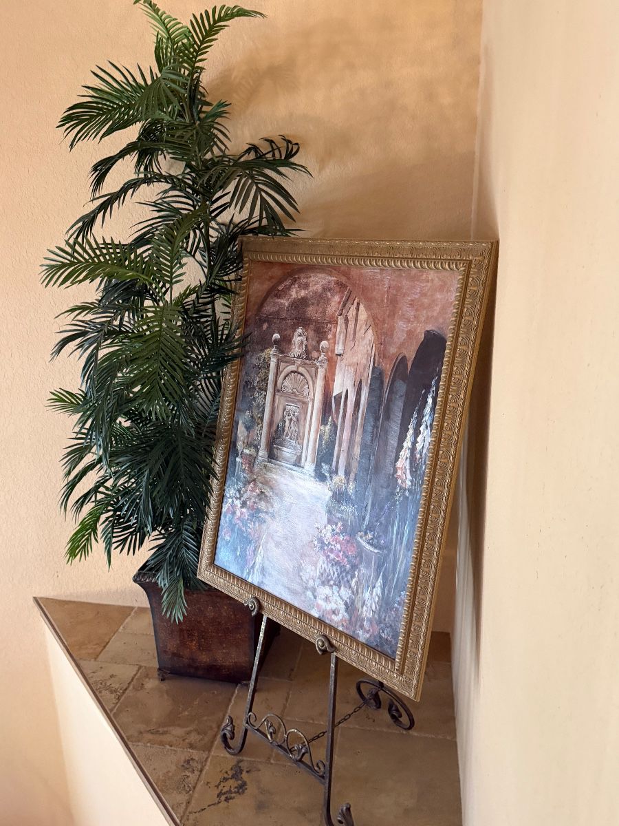 Vintage Italian Courtyard Scene Oil Painting with Ornate Gold Frame