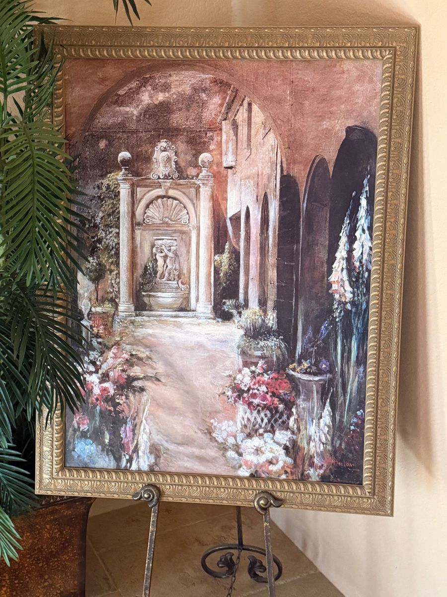 Vintage Courtyard Fountain Landscape Painting in Ornate Gold Frame