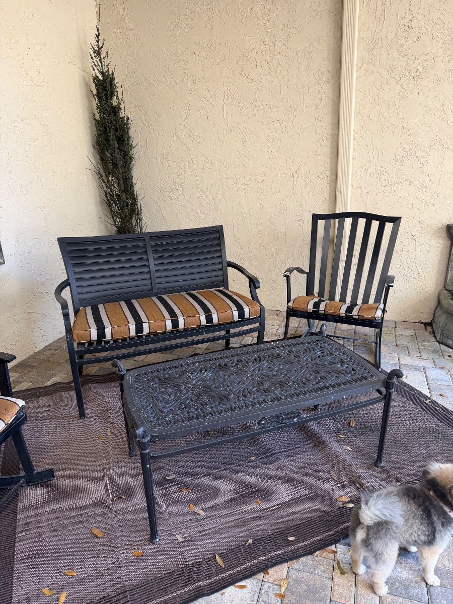 Ornate Cast Iron Coffee Table and Matching Black Metal Patio Furniture Set