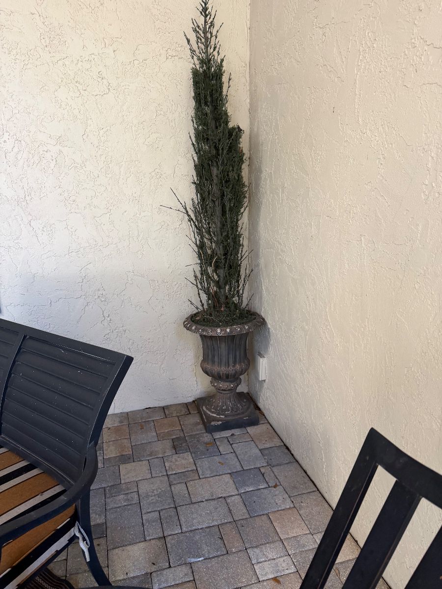 Ornate Decorative Urn Planter with Artificial Evergreen Tree