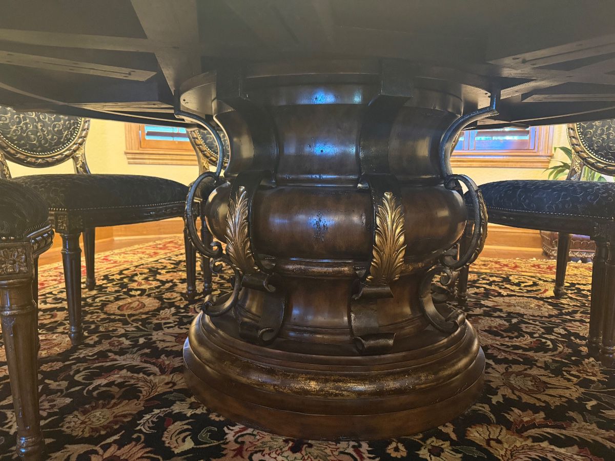 Ornate Pedestal Dining Table with Upholstered Chairs