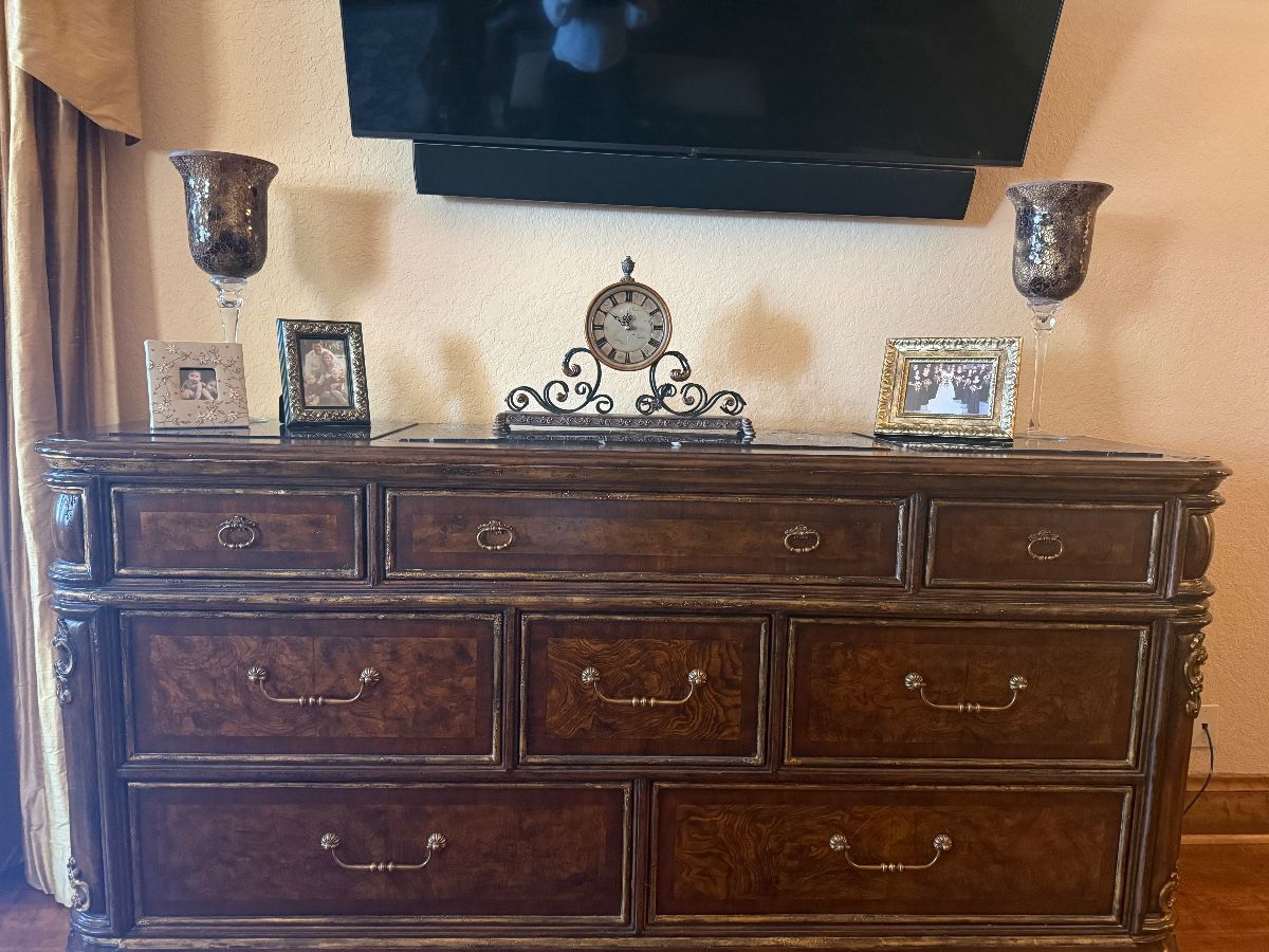 Luxury Burl Wood Dresser with Ornate Brass Hardware