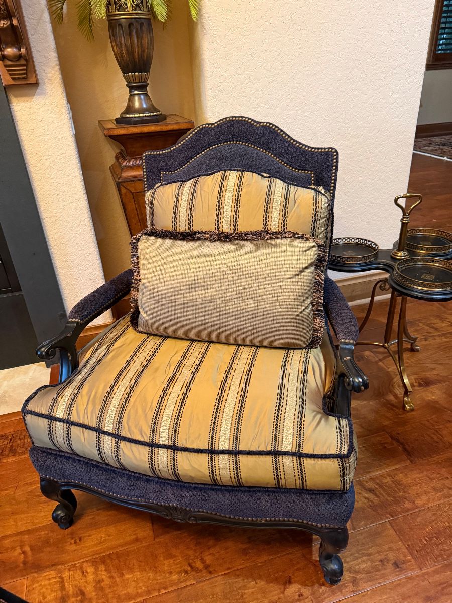 French Style Accent Chair with Striped Upholstery and Brass Nailhead Trim