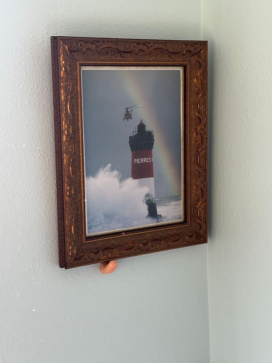 Framed Lighthouse Photograph with Helicopter and Rainbow