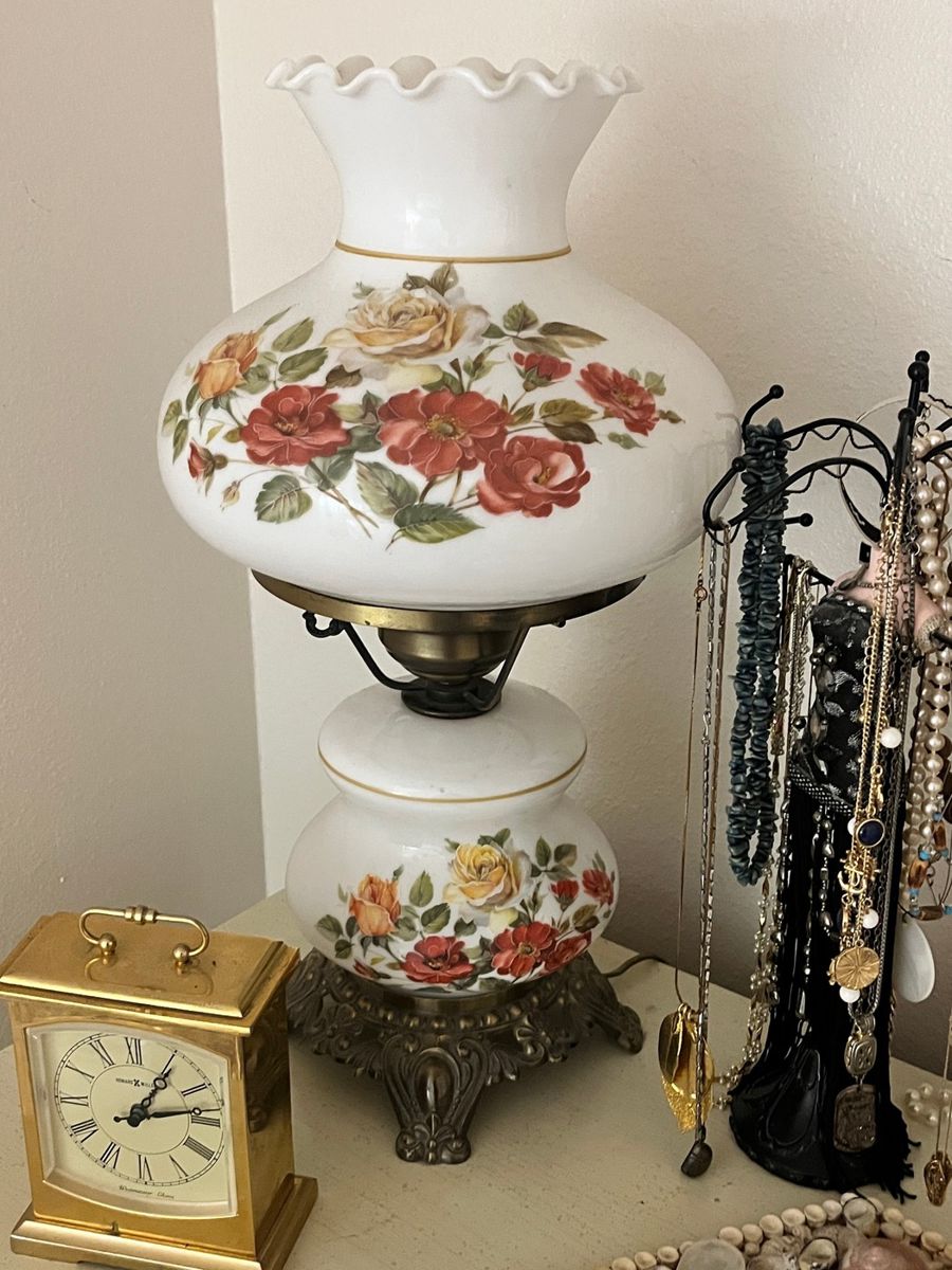 Vintage Floral Painted Glass Hurricane Lamp