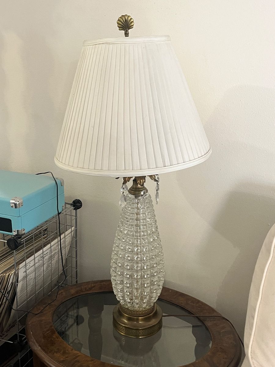 Cut Glass & Brass Table Lamp with Seashell Finial