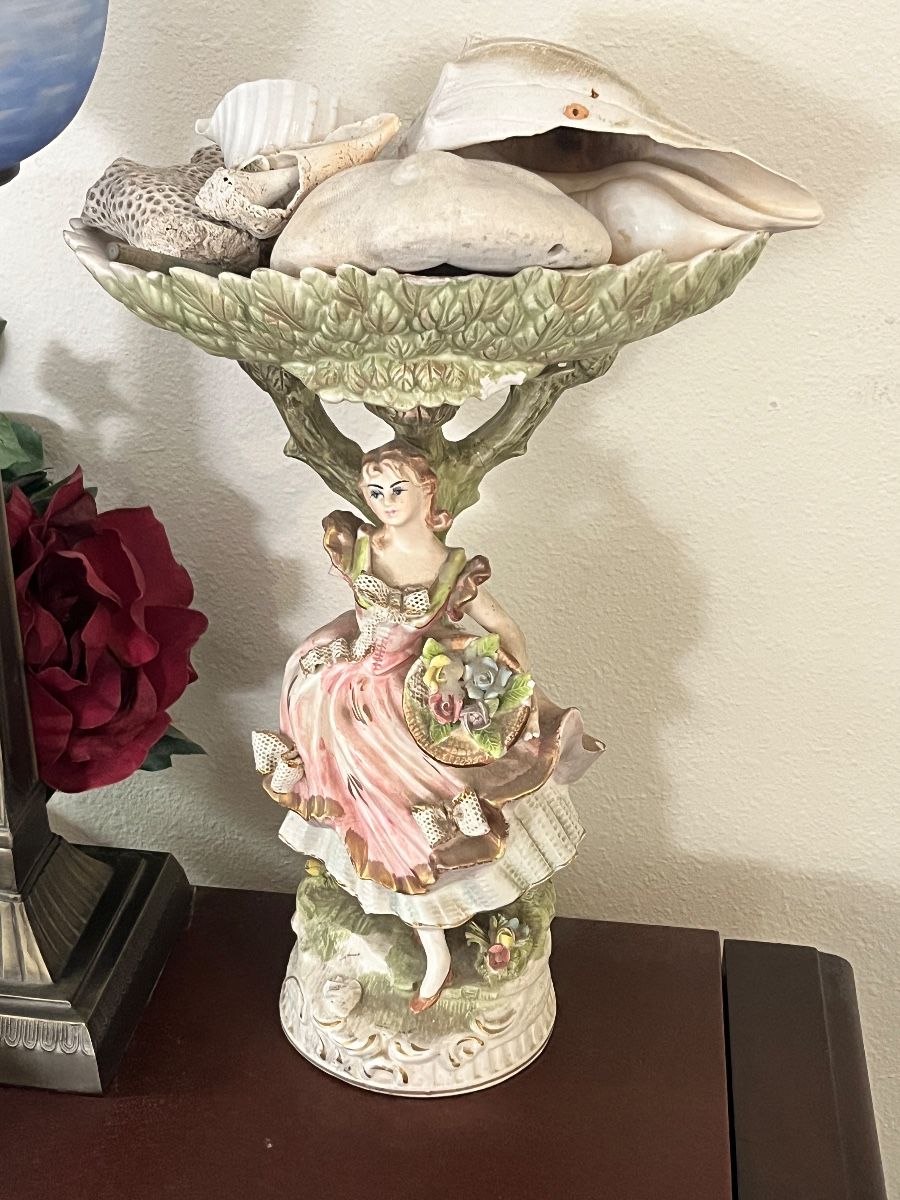 Porcelain Figural Lady Jewelry Box with Seashell Assortment