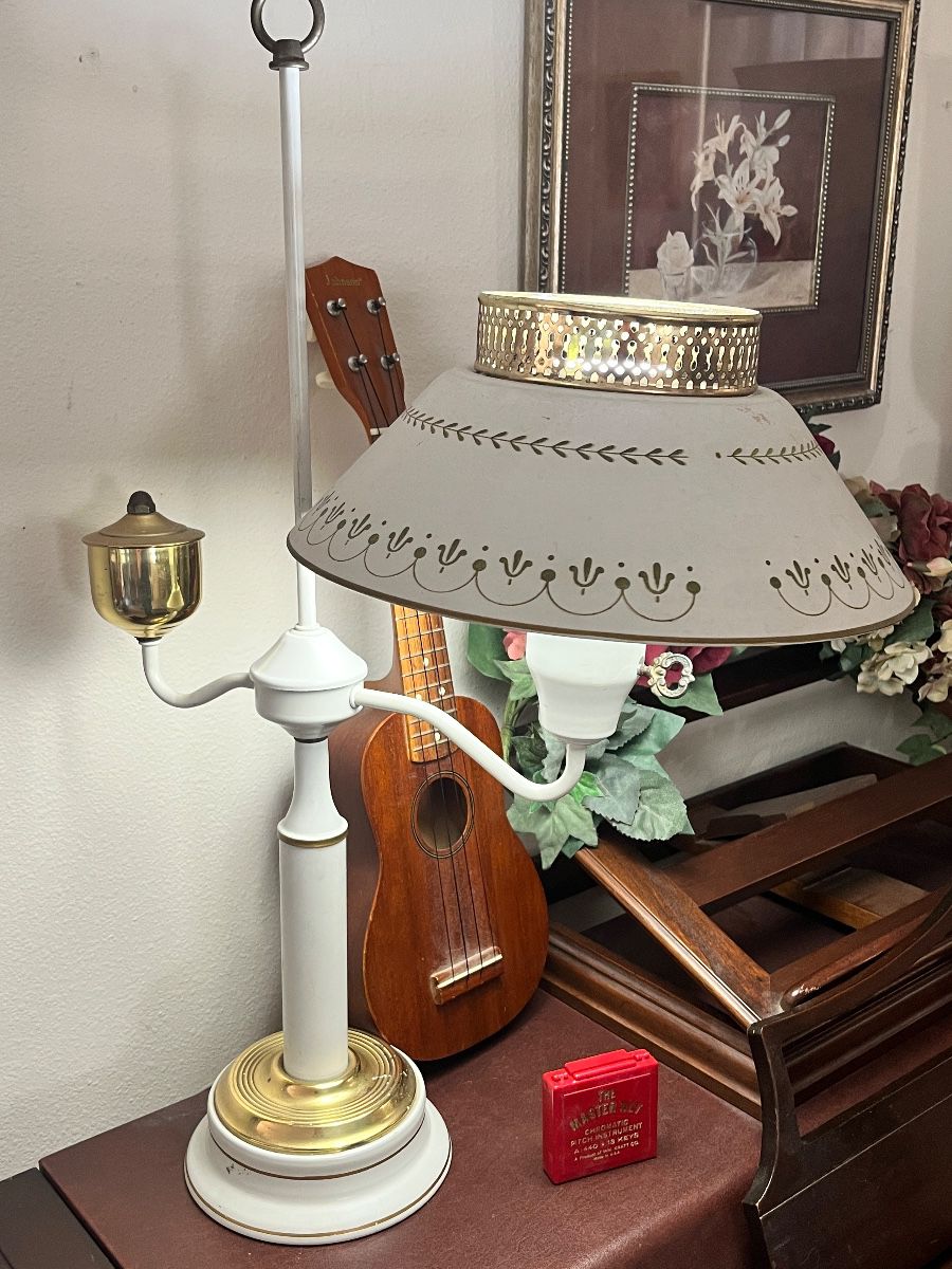 Vintage White & Brass Accent Lamp with Floral Shade