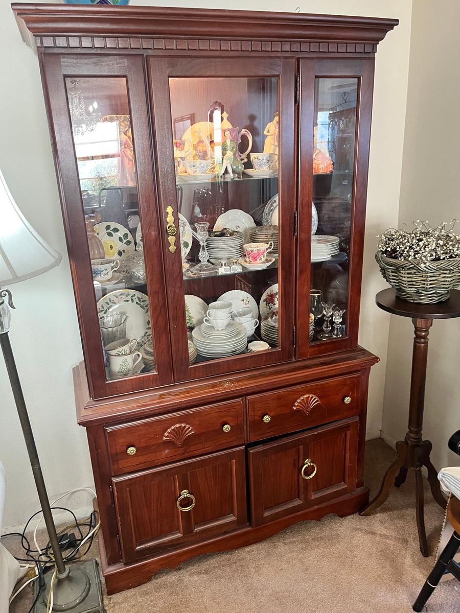 Cherry Wood China Hutch with Display Assortment