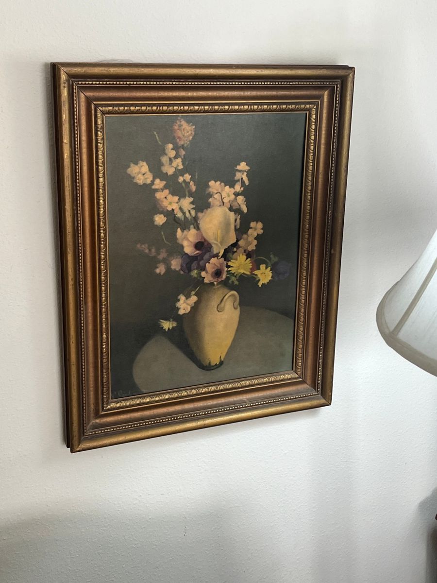 Vintage Floral Still Life Painting with Ornate Gilded Frame