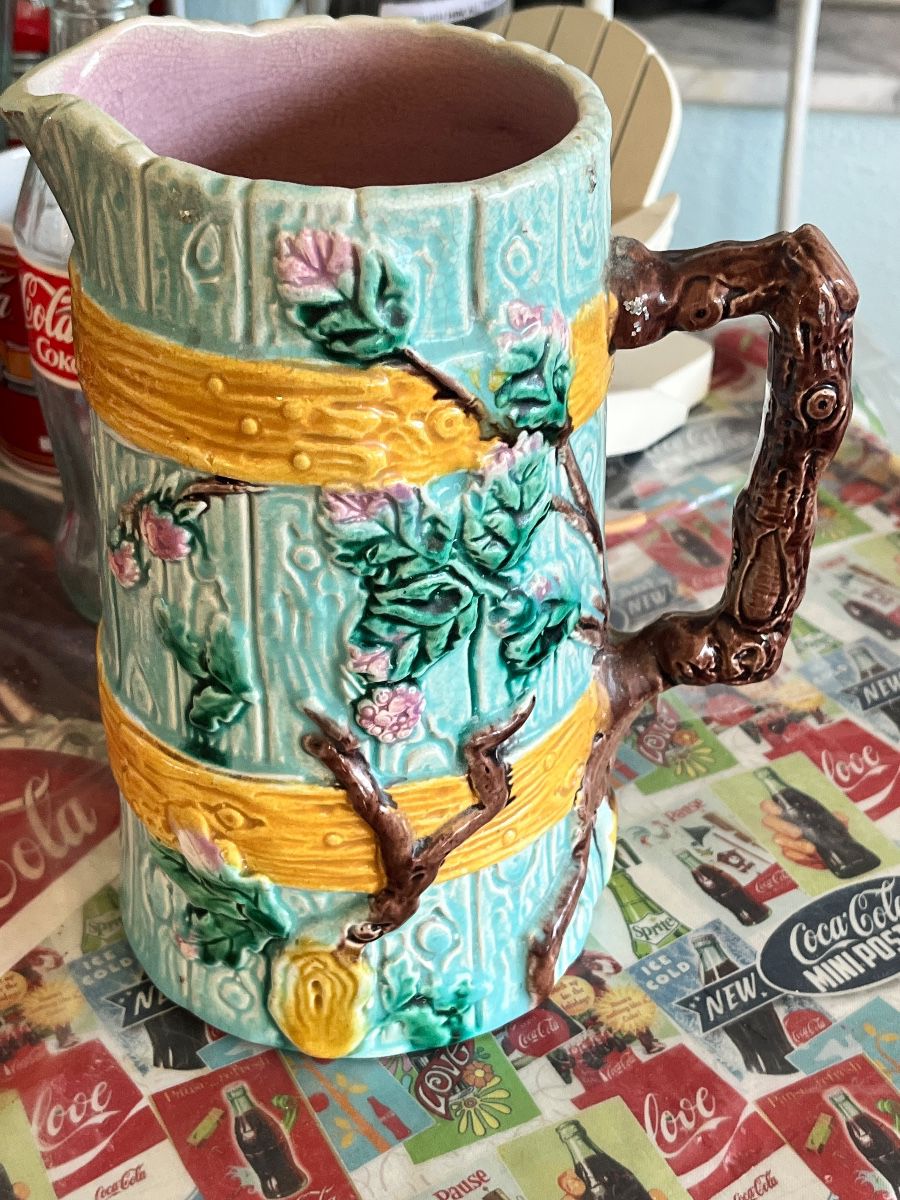 Art Nouveau Majolica Pitcher with Tree Branch Handle