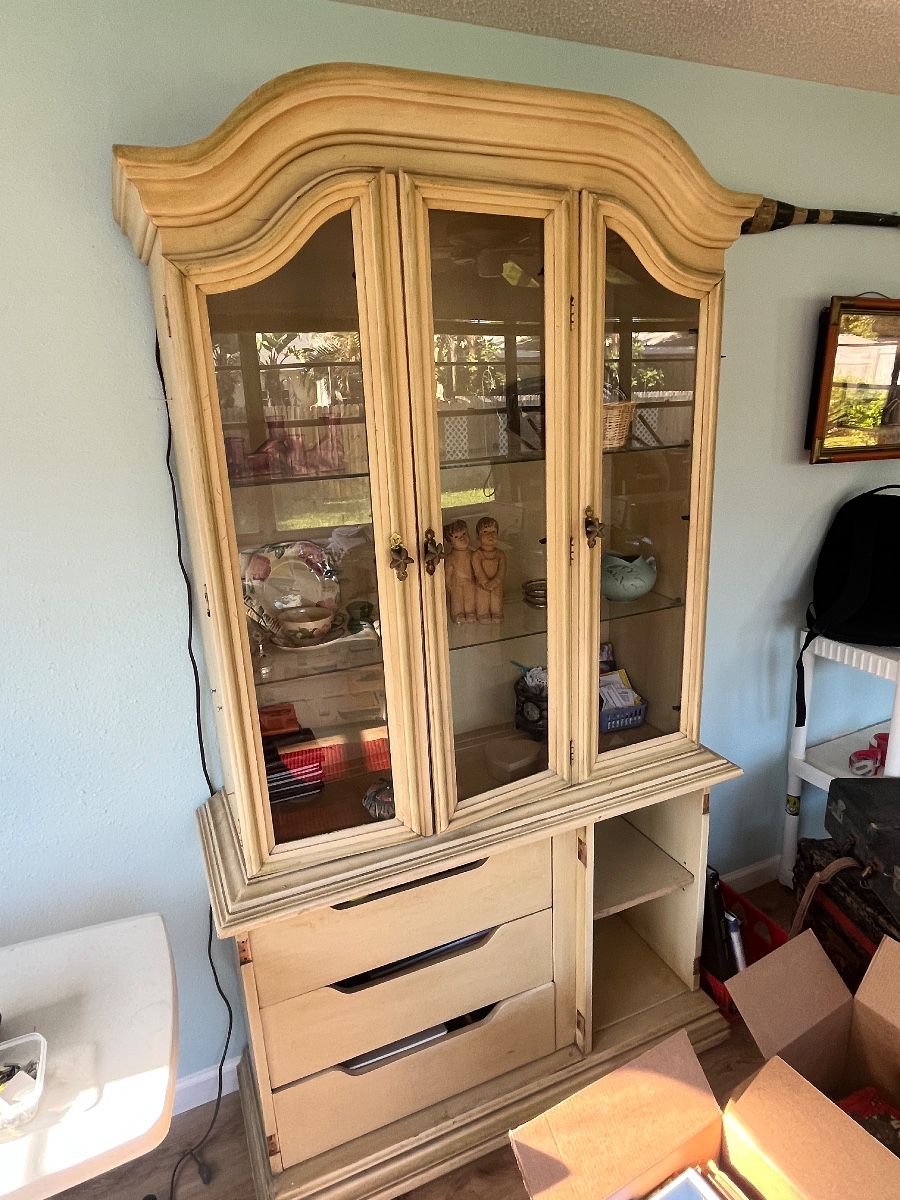 Vintage China Cabinet with Glass Display Doors and Drawers