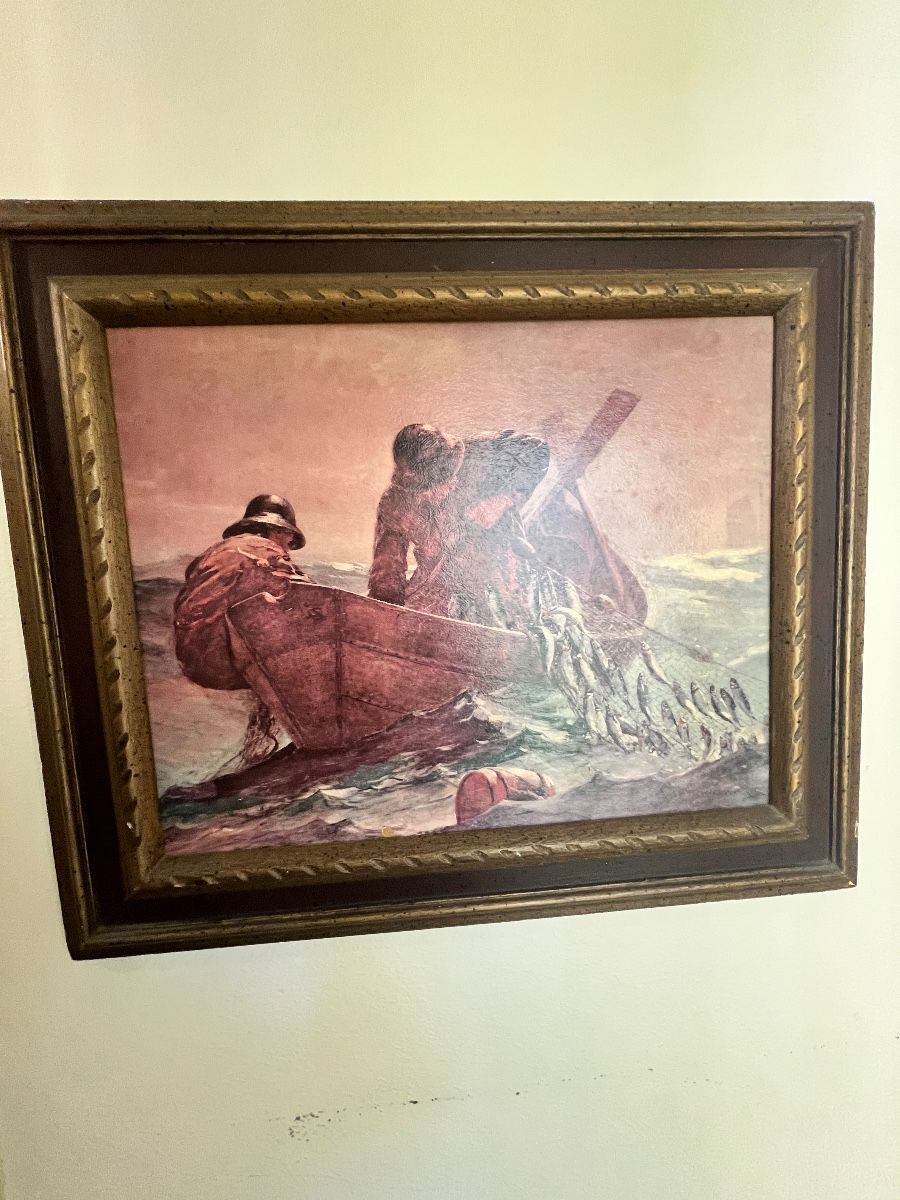Vintage Framed Fishing Scene Print