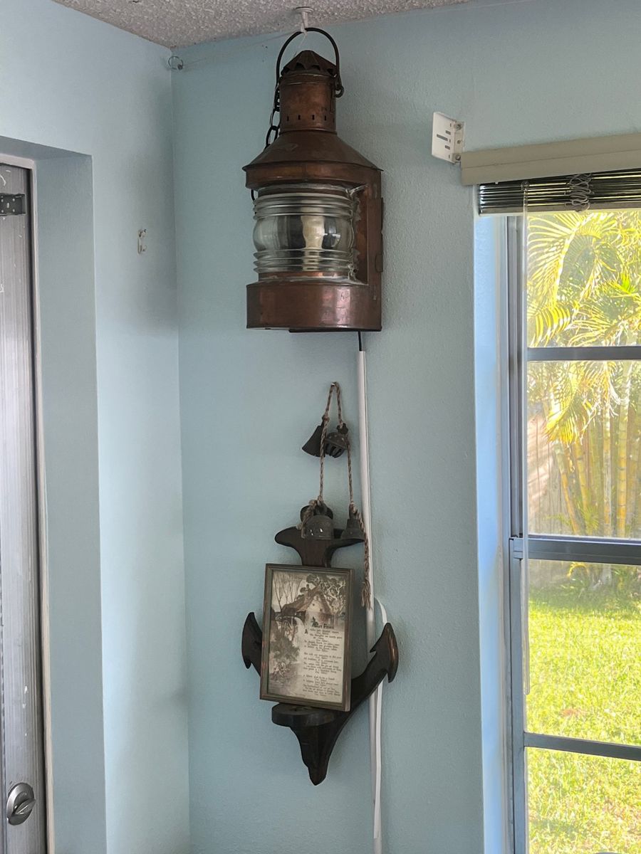 Nautical Decor Assortment: Vintage Copper Ship Lantern with Anchor and Bells Group