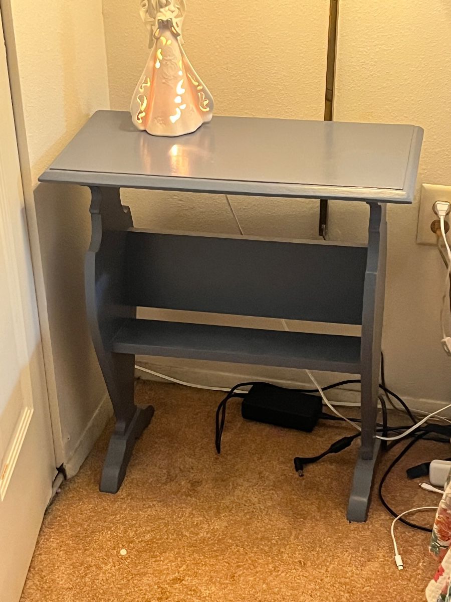 Vintage Gray Side Table with Ceramic Angel Candle Holder