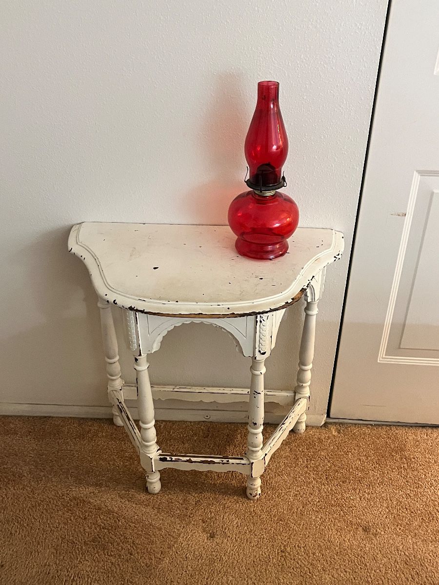Ruby Red Glass Oil Lamp & Distressed Console Table Set